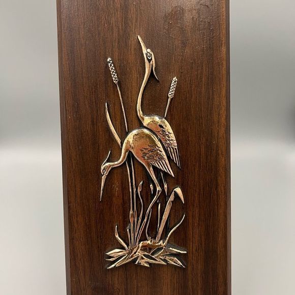 Other - Vintage Wood Plaque with Brass Herons 60s mid century